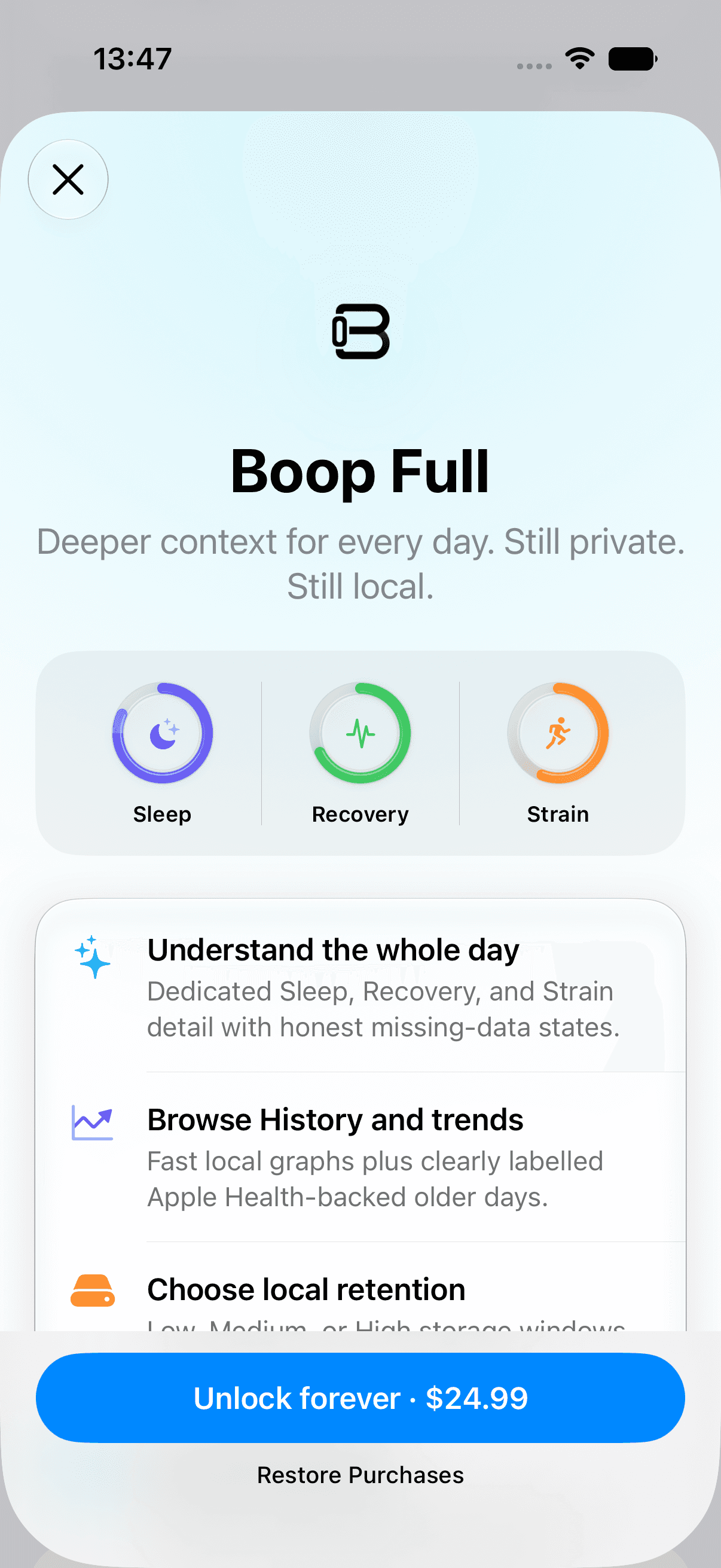 Native Boop Full feature preview showing Sleep, Recovery, Strain, and a local test purchase offer