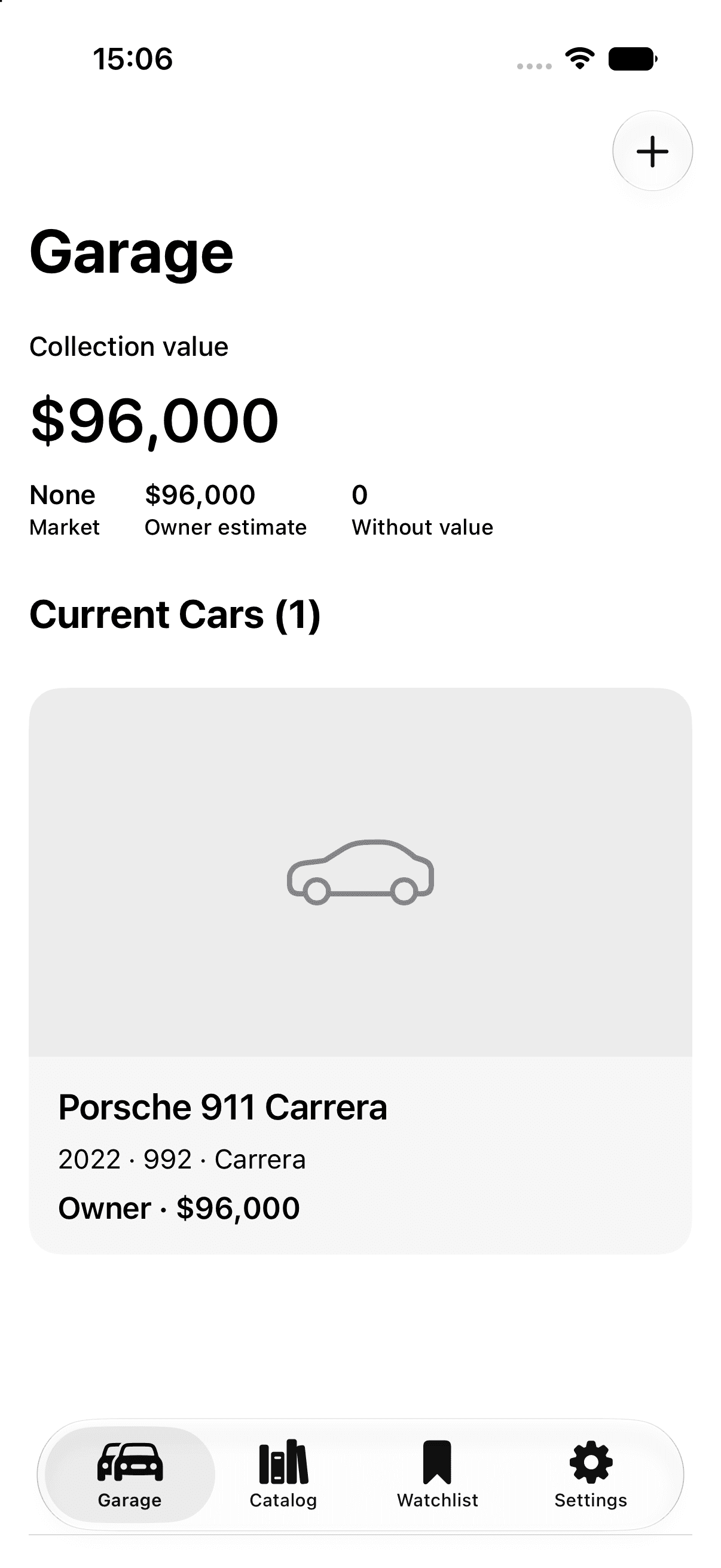 Carfolio Garage showing a collection value and a Porsche 911 Carrera
