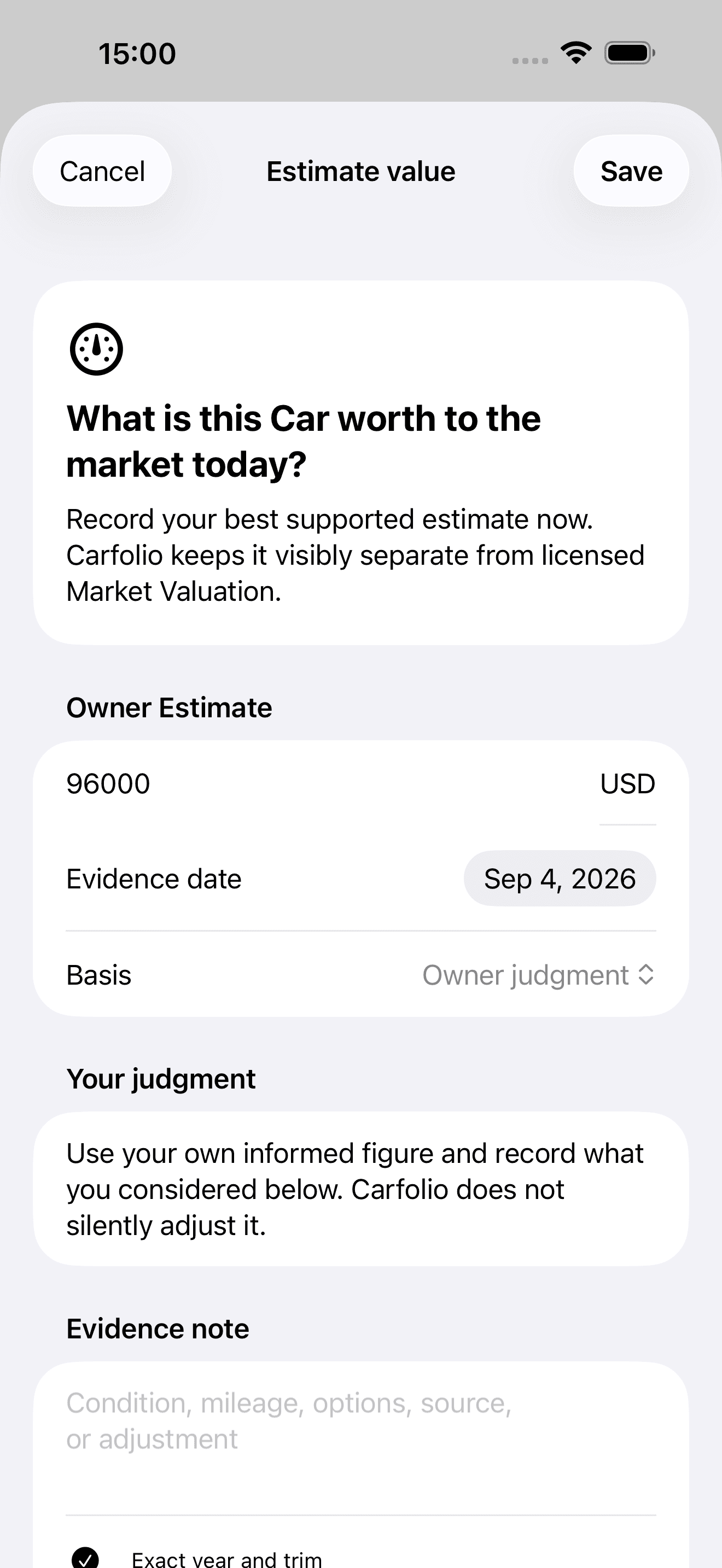 Carfolio development preview showing a sample Owner Estimate with its date and basis
