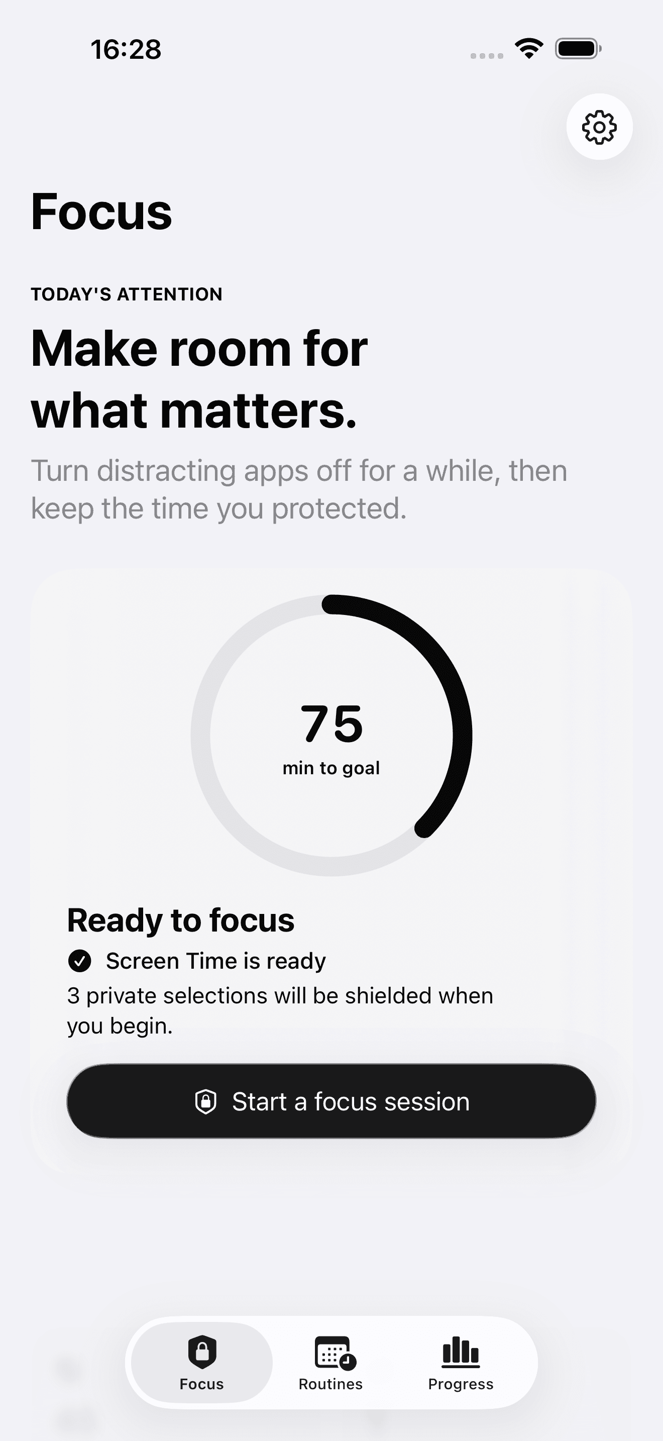 Focus Wallet development preview showing today's focus budget and a protected-session action with sample data