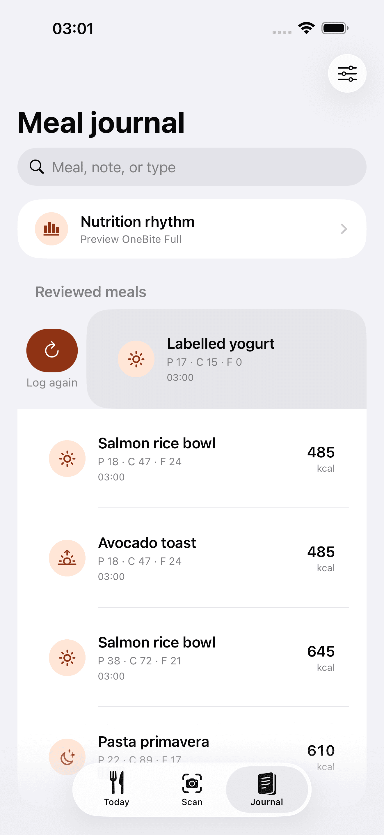 OneBite development preview showing reviewed sample meals and the native Log again action