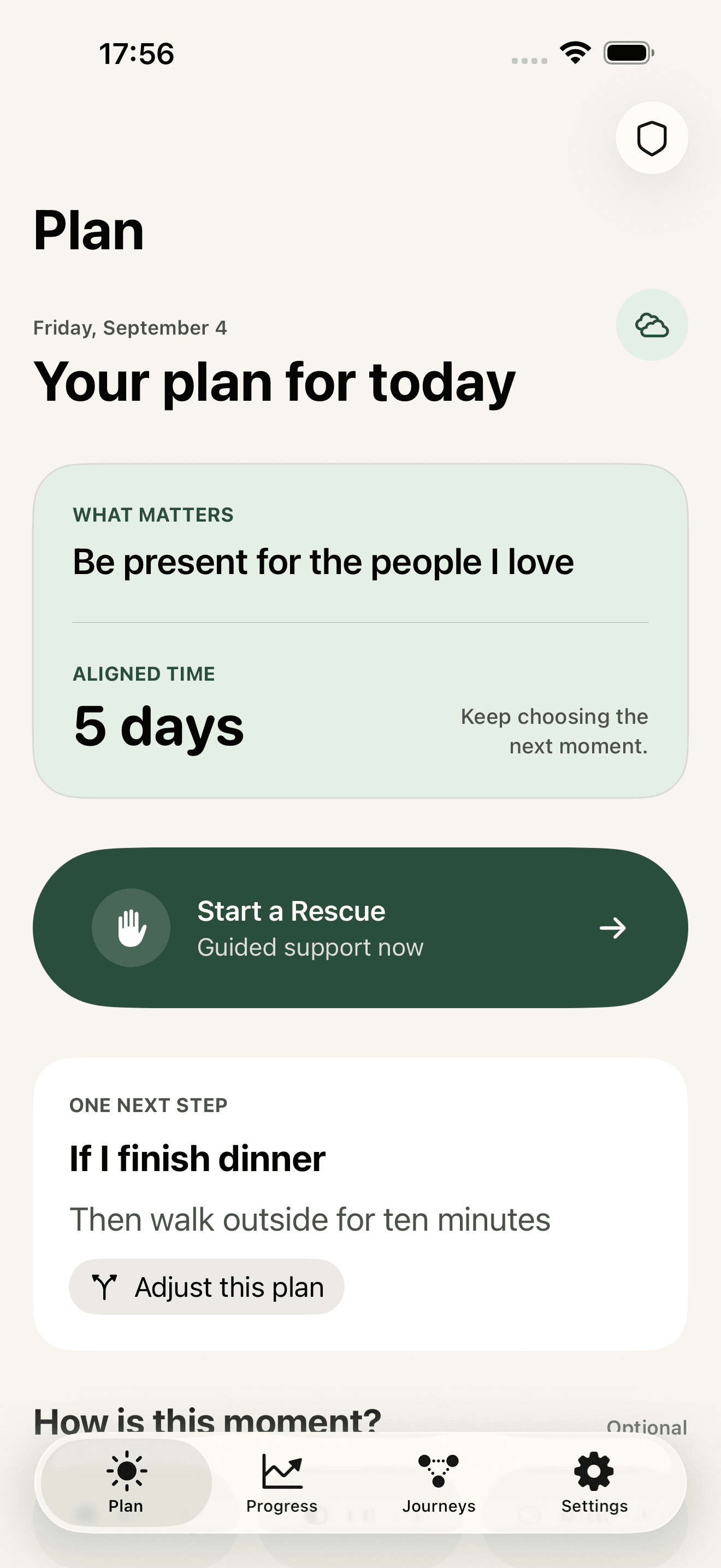 QuitNow development preview showing a sample Daily Plan, Rescue action, and editable coping plan